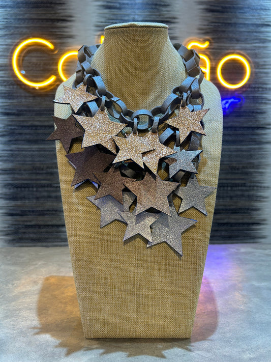 Grey Blue Stars Leather Necklace