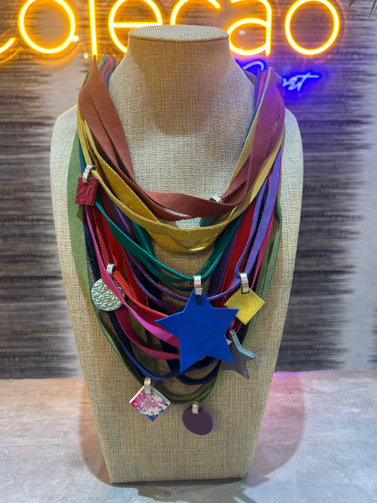 Multicolored Leather Necklace with Ornaments