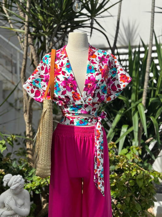 Exclusive Wrap Top Pink/Blue Print