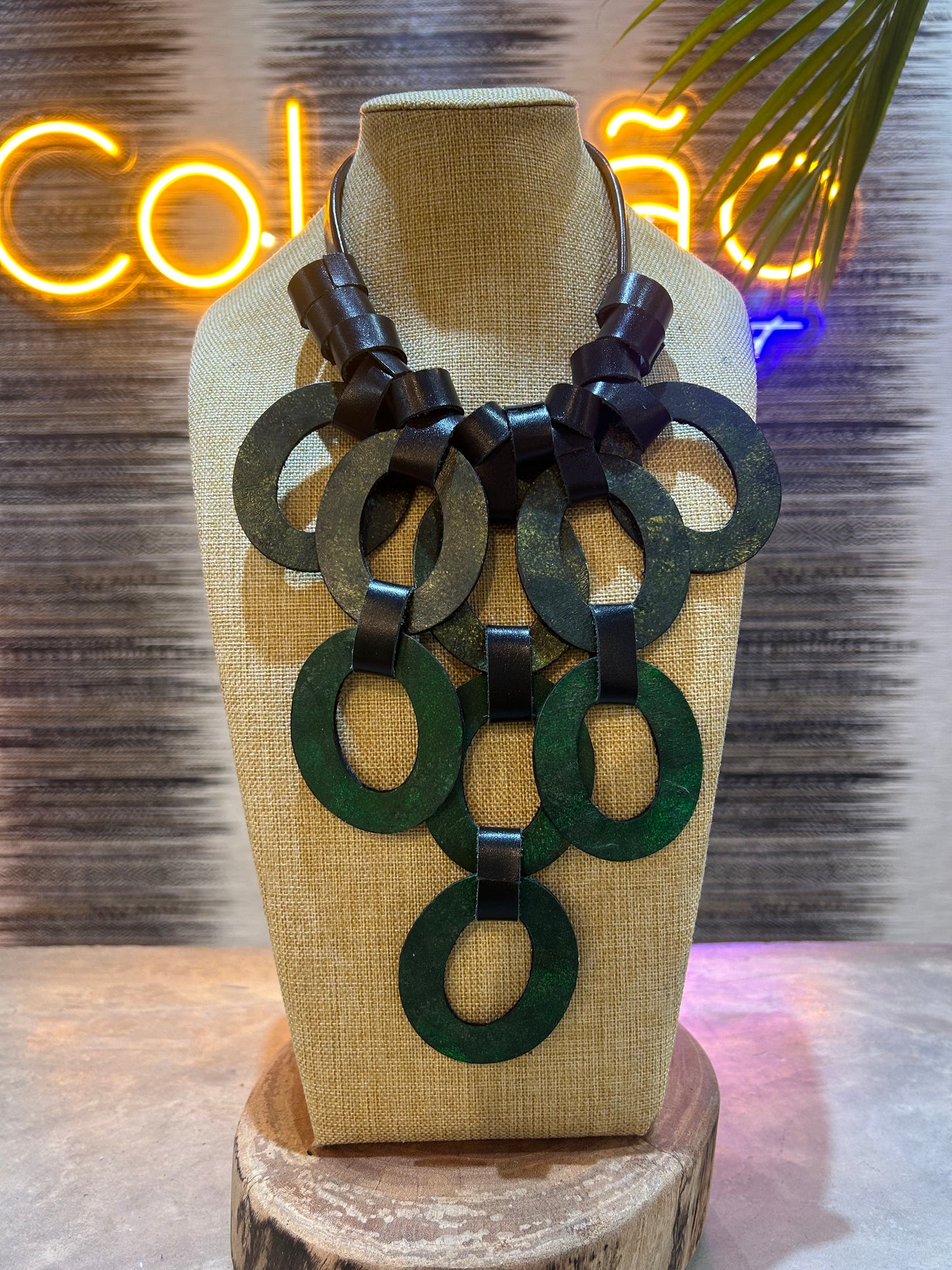 Black and Green Reversible Leather Necklace