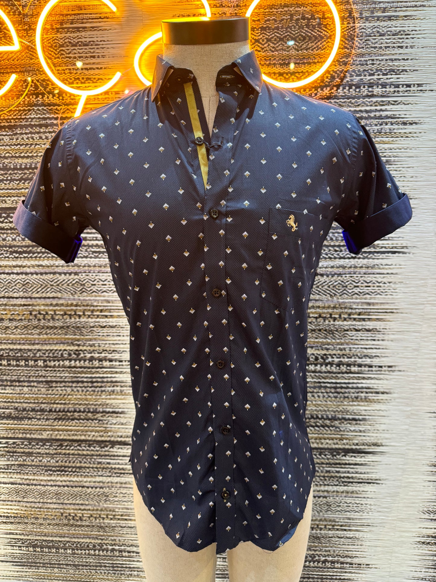 Navy and Gold Print Short Sleeves Shirt