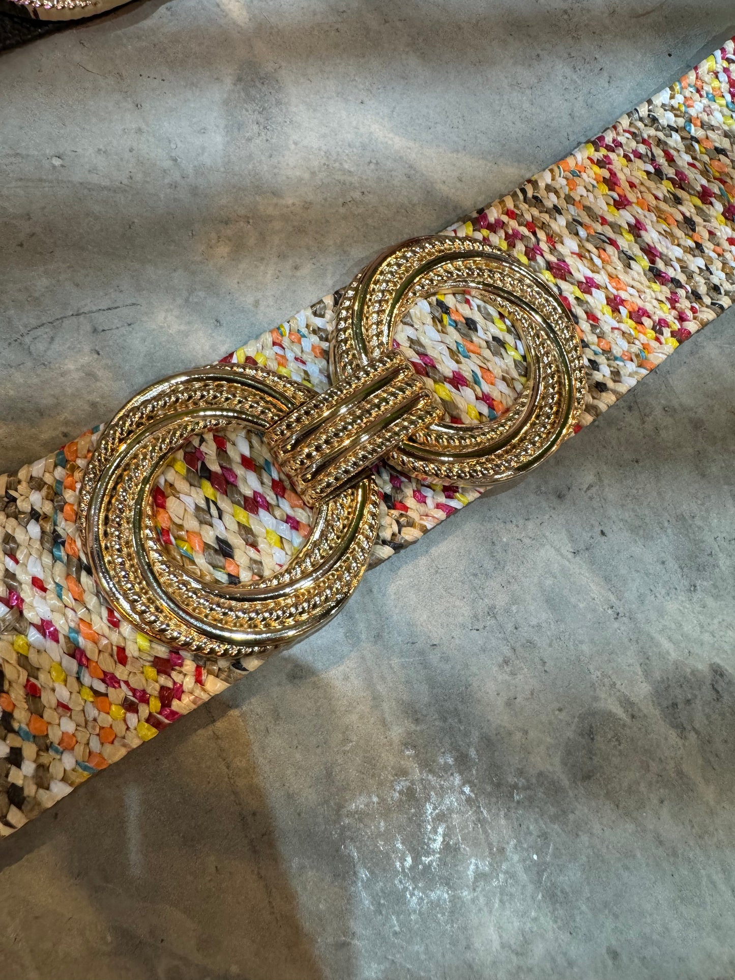 Elastic Raffia Belt with Two Gold Circles